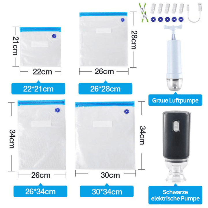 10 Wiederverwendbare Vakuumierbeutel Set mit Pumpe