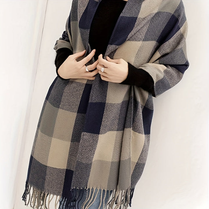 Cozy oversized plaid wrap scarf with classic design & tassels, a comfortable unisex fall and winter fashion gift.