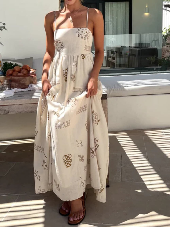 Casual women's sleeveless maxi sundress for the beach or summer day, featuring a stylish open back design.