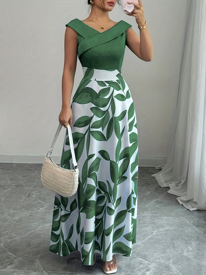 Elegant women's A-line V-neck maxi dress, perfect for wedding guests & formal occasions.