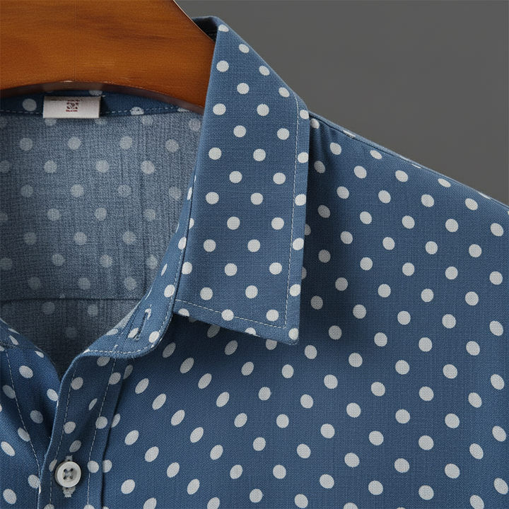Smart men's polka dot patterned short sleeve shirt, a versatile cabana top for casual outings.