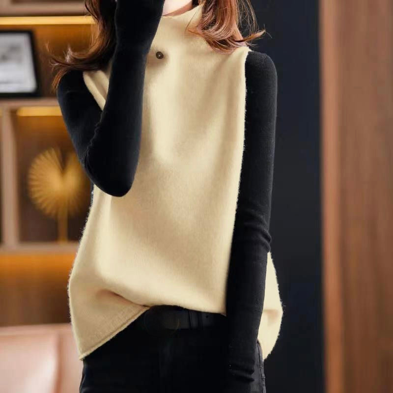 Women's versatile knit sleeveless turtleneck top, perfect for year-round layering and chic outfits.