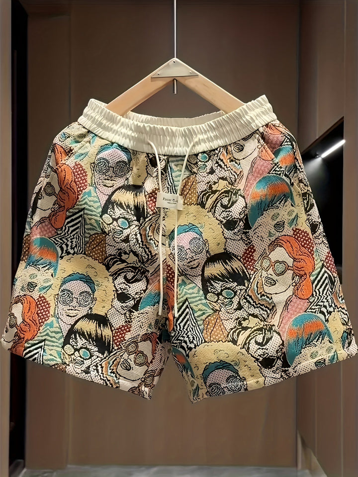 Unisex retro pop art print lounge shorts, vibrant and comfortable for casual wear or summer style. Adjustable waist.