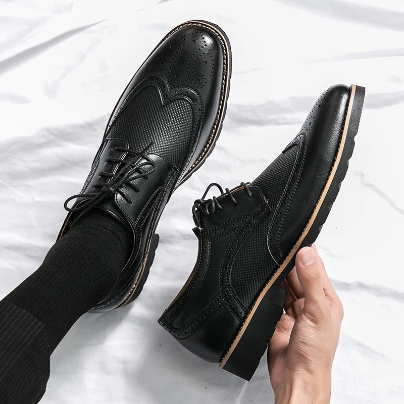 Comfortable men's classic leather brogue dress shoes, suitable for business, office, and formal events. Brown finish.