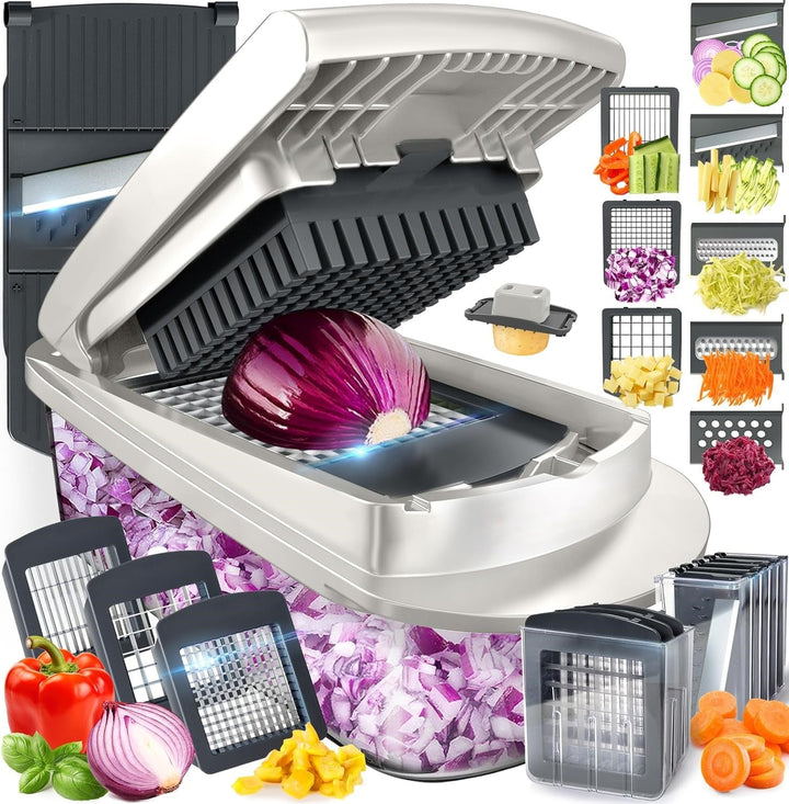 10-in-1 vegetable slicer for easy food prep. Includes chopper, grater, and mandoline functions for kitchen tasks.