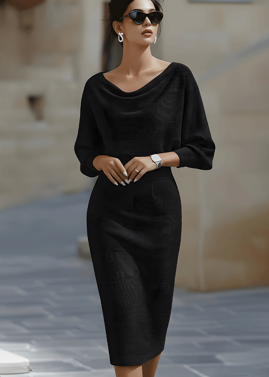 Sophisticated women's long sleeve draped dress, a midi style with an elegant cowl neck and batwing fit.