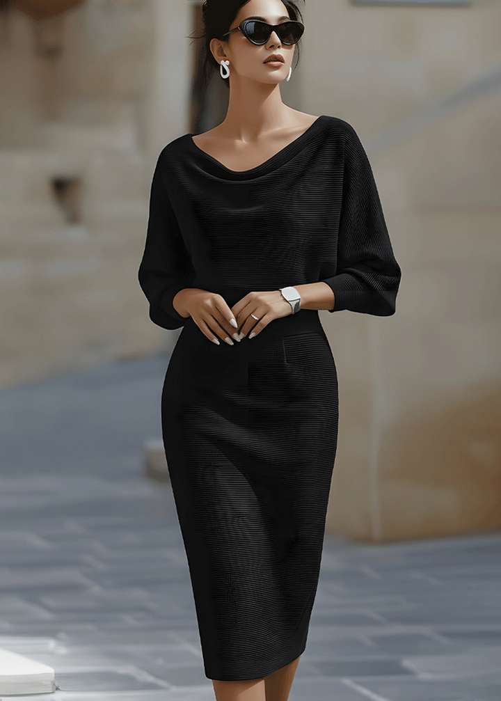 Sophisticated women's long sleeve draped dress, a midi style with an elegant cowl neck and batwing fit.