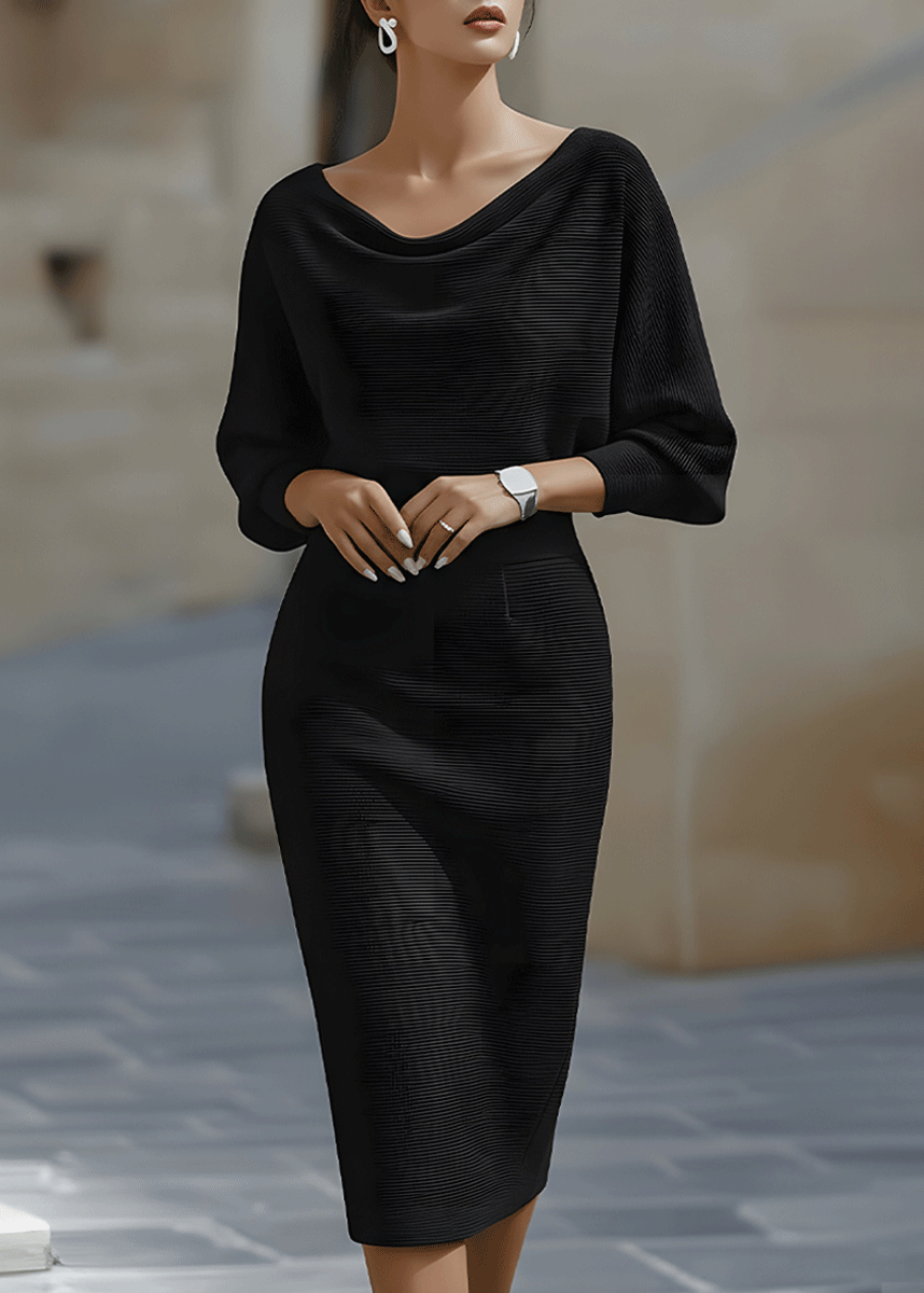 Chic long sleeve batwing midi dress featuring a sophisticated cowl neck, ideal for women's parties.