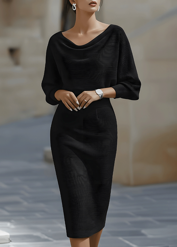Chic long sleeve batwing midi dress featuring a sophisticated cowl neck, ideal for women's parties.