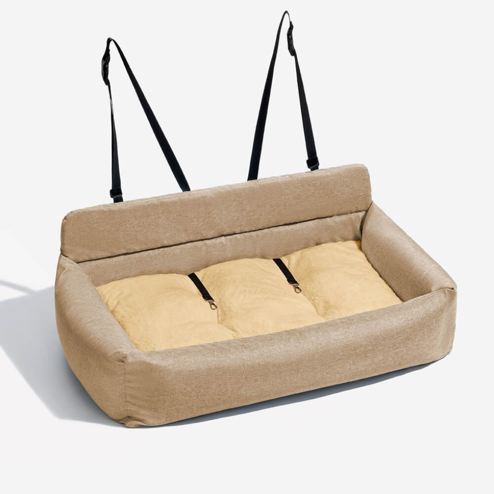 Secure dog car bed for safe road trips. Backseat pet accessory provides comfort for medium/large dogs.