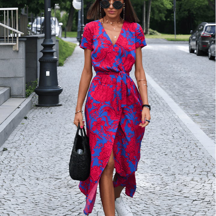 New women's summer midi dress, featuring a flattering split hem, lace-up front, and chic V-neck design.