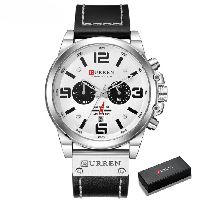 Stylish men's black leather chronograph watch with a polished silver case & crisp white dial.
