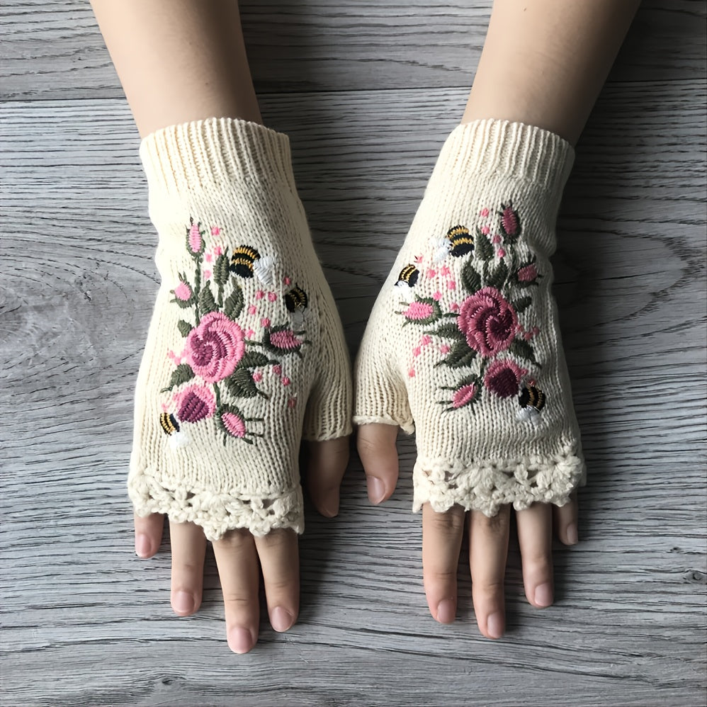 Women's floral fingerless gloves, hand embroidered with knit fabric, perfect for winter fashion & warmth.