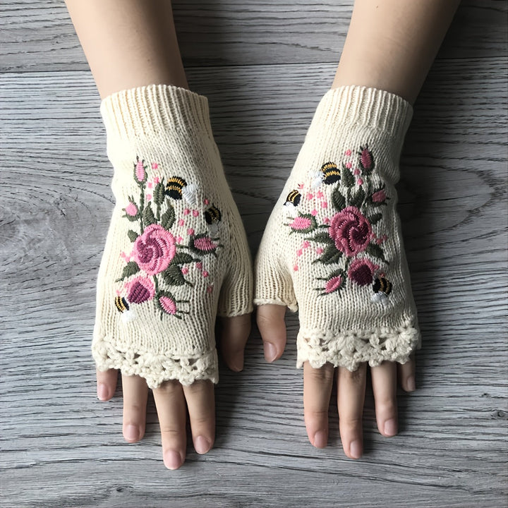 Women's floral fingerless gloves, hand embroidered with knit fabric, perfect for winter fashion & warmth.