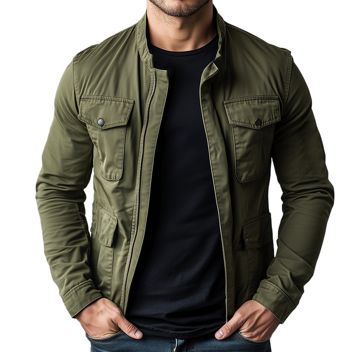 Men's stylish green stand collar zipper jacket with pockets, perfect for versatile mid-season casual outerwear.