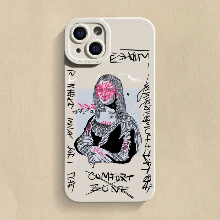 Unique men's artistic iPhone case with Mona Lisa & David graffiti design; perfect for phone protection & style.