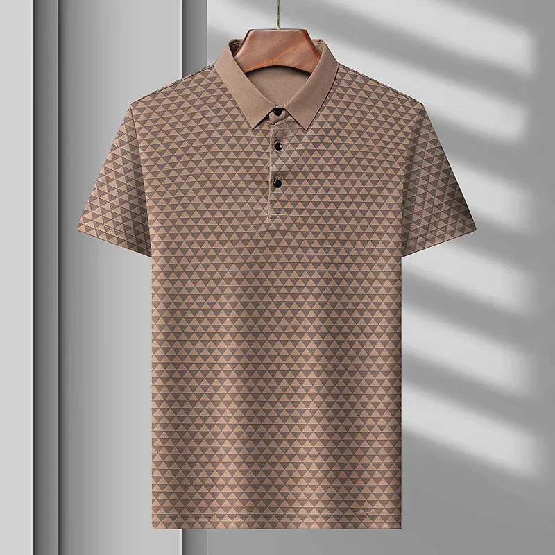 Stylish men's short sleeve polo featuring a unique diamond pattern, a classic shirt for smart casual occasions.
