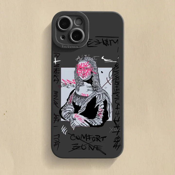 Men's graffiti iPhone case for stylish protection, featuring iconic Mona Lisa & David art; sleek accessory.
