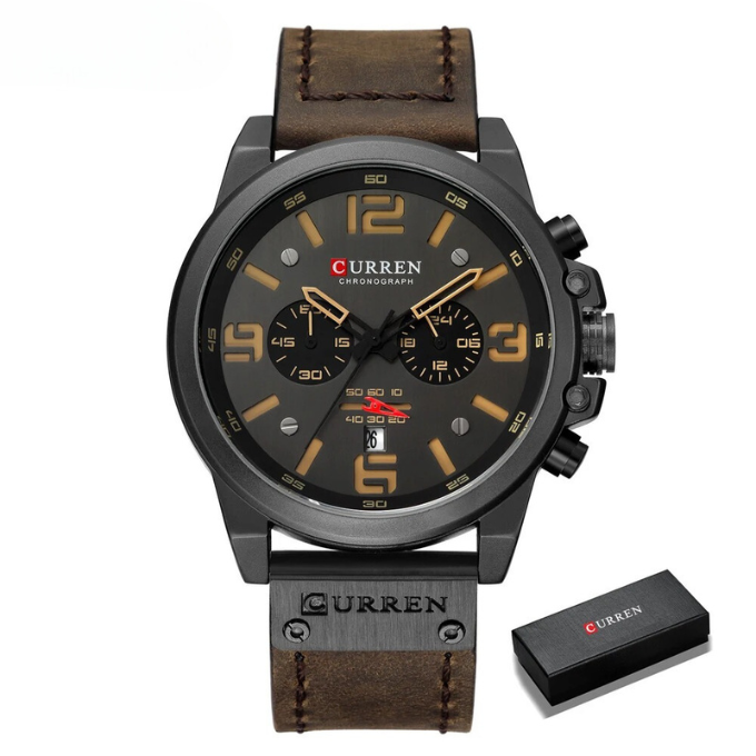 Luxury men's classic chronograph watch with a brown leather strap & detailed dial.