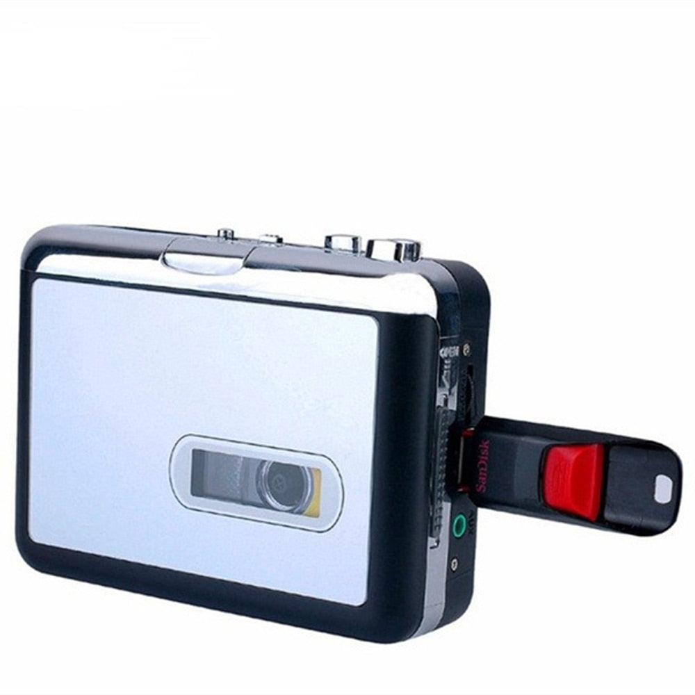 Portable cassette to MP3 converter, compact USB audio digitizer for vintage tape music transfer to digital.