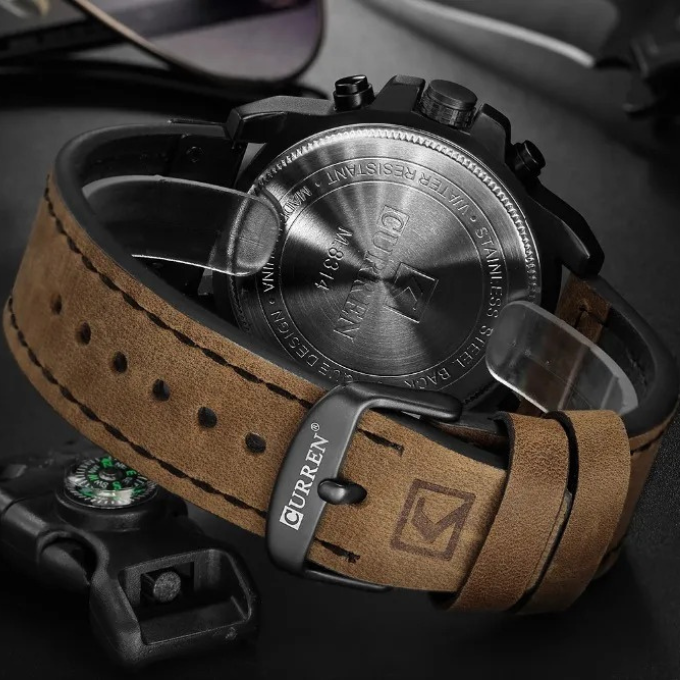Sophisticated men's black leather chronograph watch, perfect for any occasion.