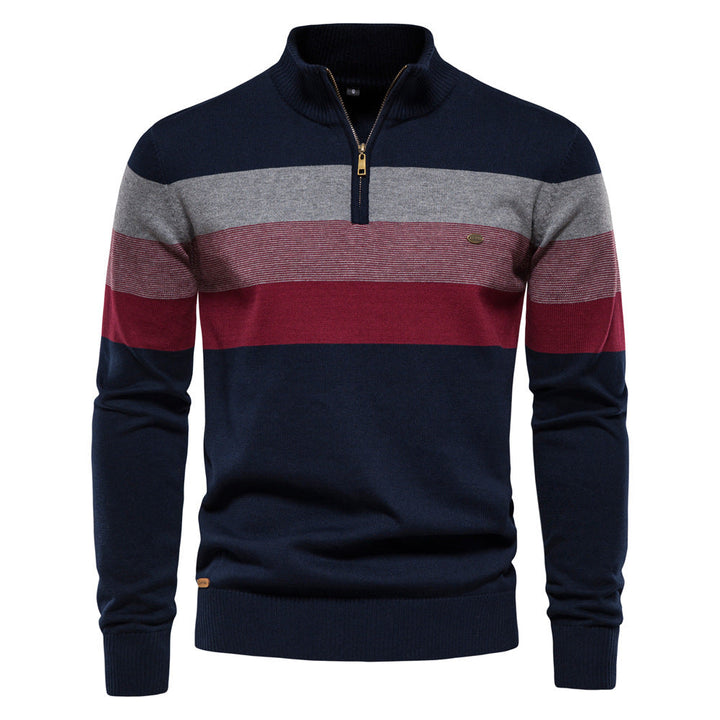 Navy blue colorblock half-zip sweater, men's fashion pullover for modern layering.