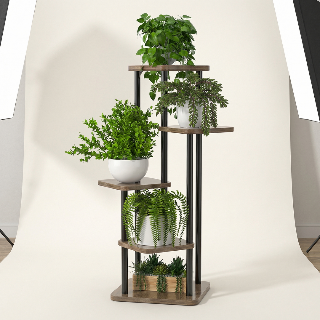 Solid oak multi-tier plant display shelf, a sturdy and stylish storage solution for indoor garden plants.