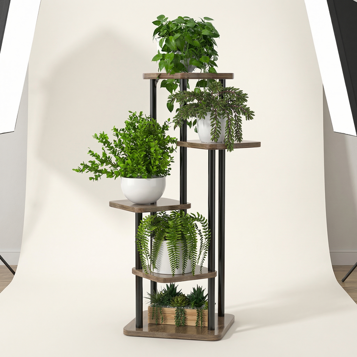 Solid oak multi-tier plant display shelf, a sturdy and stylish storage solution for indoor garden plants.