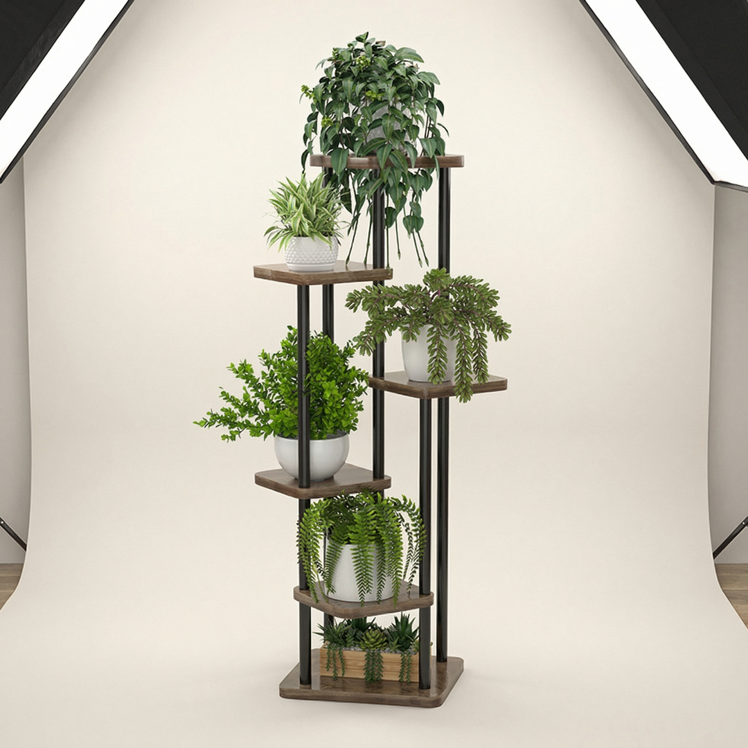 Oak multi-tier plant stand, a wooden display shelf for home decor & indoor garden storage solution.