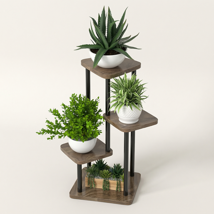 Elegant multi-tier wooden oak plant stand, perfect for organizing and displaying an indoor garden collection.