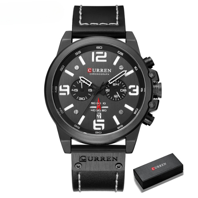 Men's gift idea: elegant chronograph watch featuring a black dial & genuine leather strap.