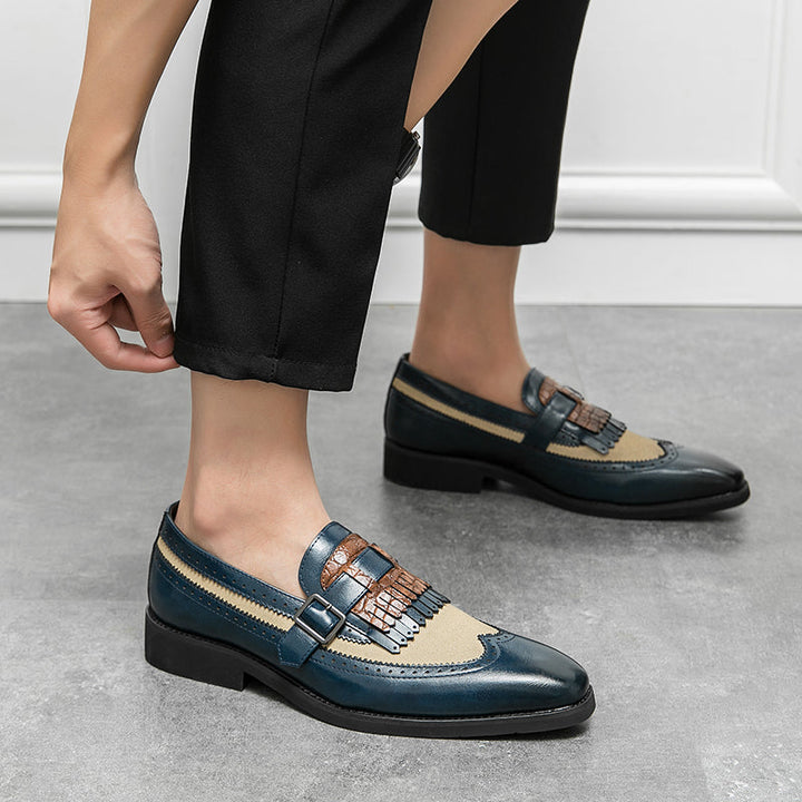 Modern men's slip-on brogue loafers, Regent wingtip dress shoes combining comfort and elegance.