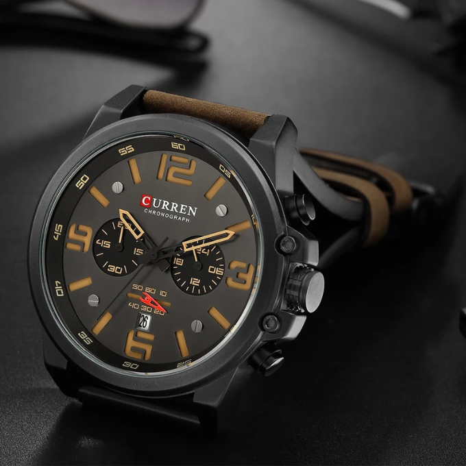 Men's classic leather watch, a perfect gift, with chronograph function & stainless steel case.