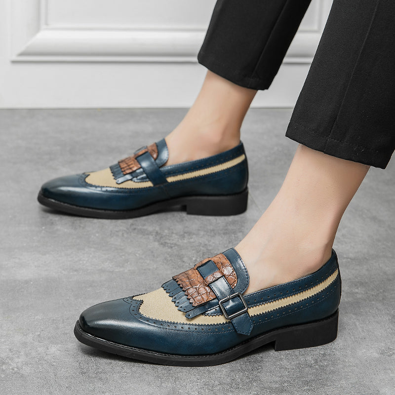 Luxurious men's handcrafted brogue loafers, sophisticated slip-on formal footwear.