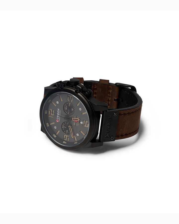 Classic men's chronograph watch with brown leather strap & stainless steel case.