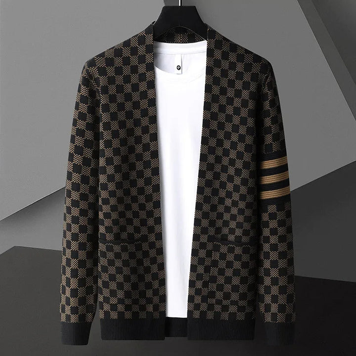 Men's stylish checkered open-front cardigan with bold striped sleeves, perfect for casual layering and fashion.