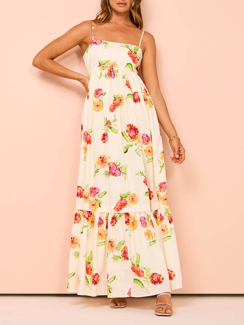 Elegant women's beige open back maxi sundress. Ideal for summer, beach, or casual vacation fashion.