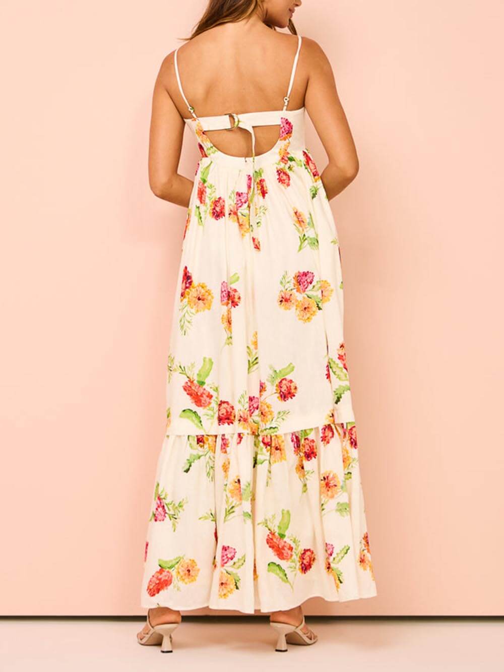 Women's casual beige open back maxi sundress, perfect for comfortable summer vacation & beach outfits.