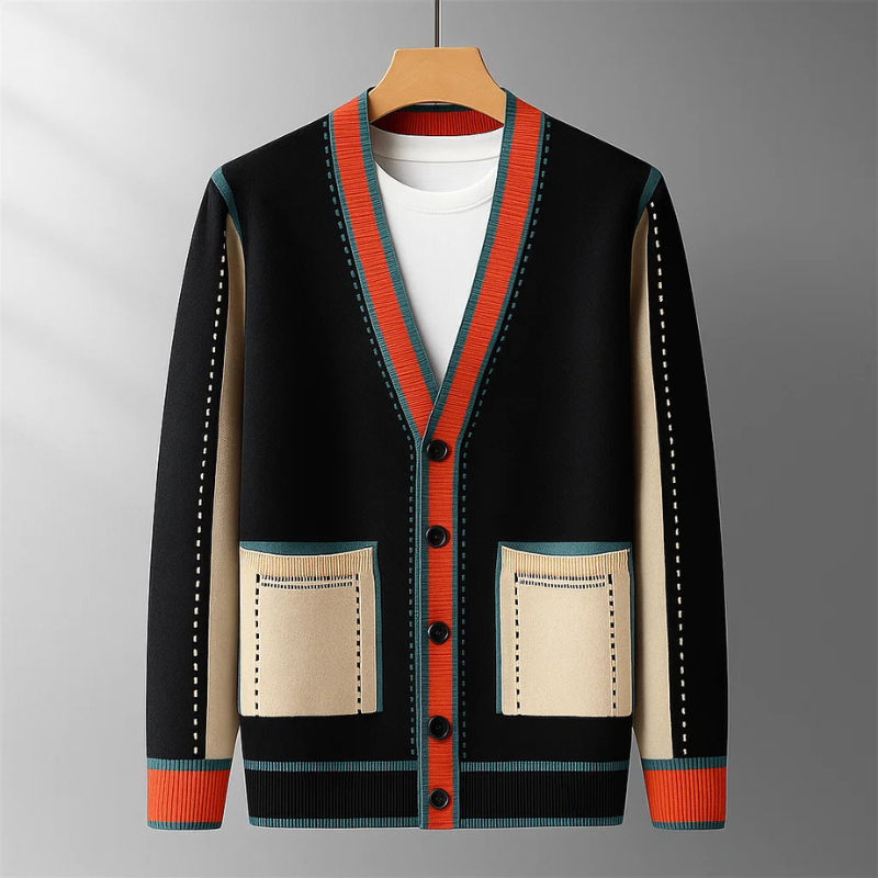 Women's cozy knit button-up cardigan with chic piping details, perfect for warm layering.