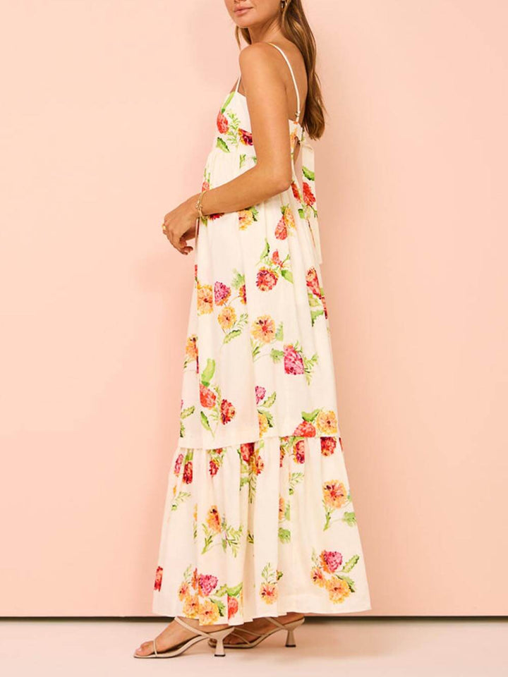 Beige open back maxi sundress for women. Perfect casual summer beach wear & elegant vacation outfit.