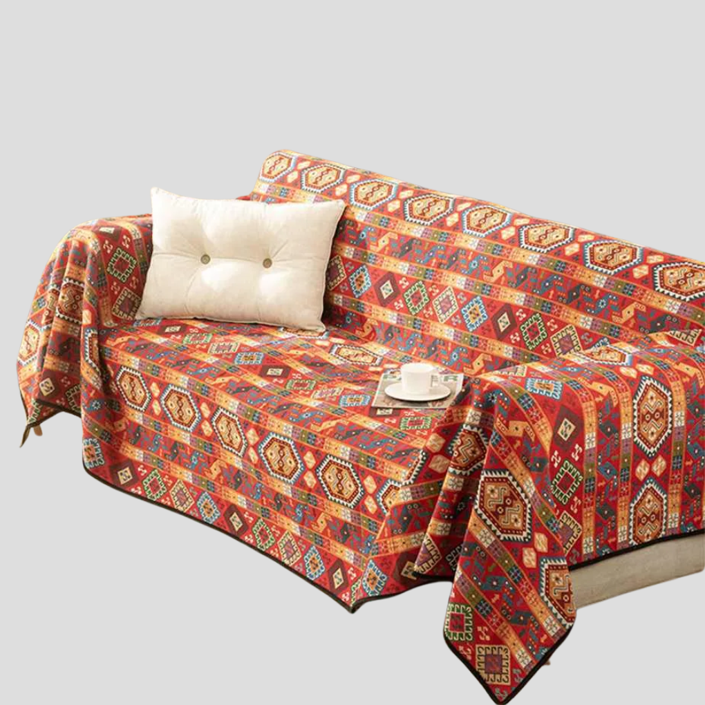 Bohemian Moroccan jacquard throw blanket for sofa or bed. Decorative woven accent for living room decor.