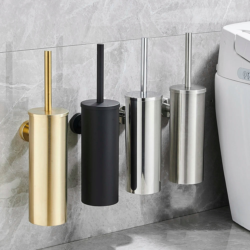 Sleek wall-mounted toilet brush, stainless steel for modern bathroom hygiene. Rust-resistant & space-saving.