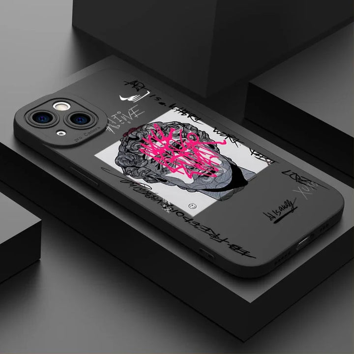 Artistic men's iPhone case with Mona Lisa & David graffiti, offering stylish protection & wireless charging support.
