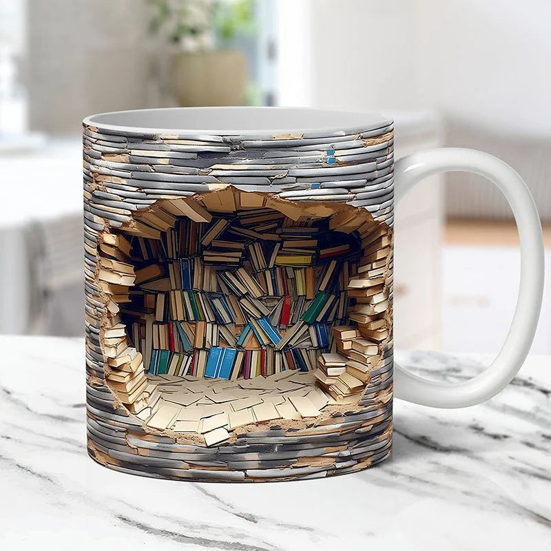 Close-up of a ceramic 3D library bookshelf coffee mug, showcasing realistic book spines for literary enthusiasts.