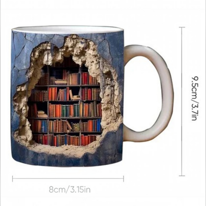 Unisex 3D library bookshelf coffee mug, a unique ceramic mug with a realistic literary design, ideal for readers.