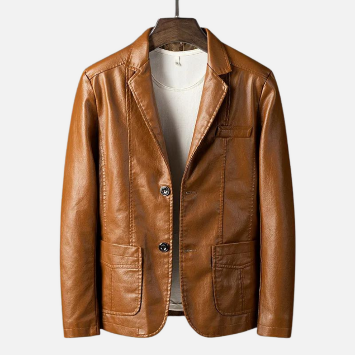Classic men's tailored jacket in a dark shade, featuring a stylish cut for everyday wear. Versatile men's outerwear.