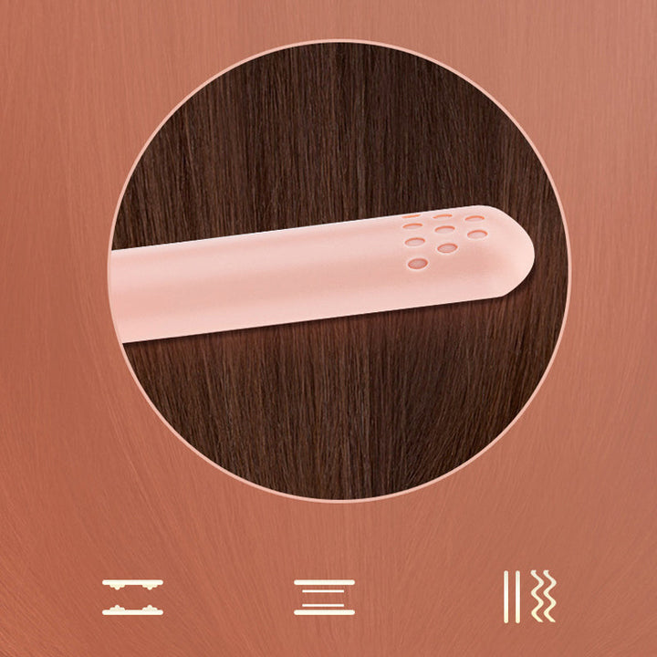 "2-in-1 Haarstyler: Glätteisen & Lockenstab im Einsatz, ergonomisches Design, flexible Frisurenoptionen."