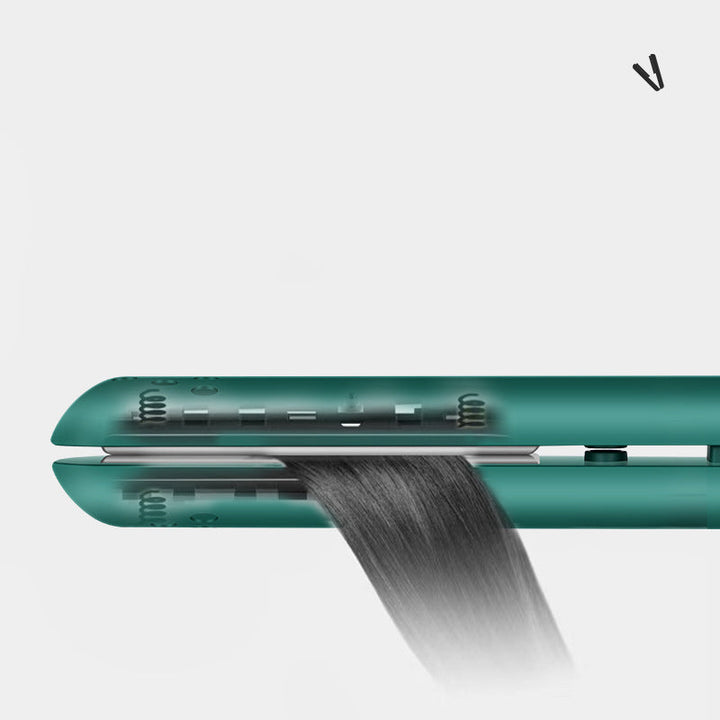 "2-in-1 Haarstyler mit schützender Keramikbeschichtung, ideal für glattes und lockiges Haarstyling, gezeigt im Einsatz."