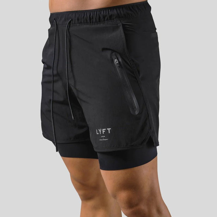 "2-in-1 Herren-Trainingsshorts, sportlich, komfortabel, innenliegende Kompressionshose, mit Taschen, schwarz"