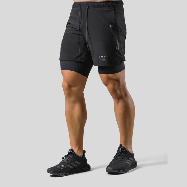 "2-in-1 Herren-Trainingsshorts, sportlich, komfortabel, innenliegende Kompressionshose, mit Taschen, schwarz"